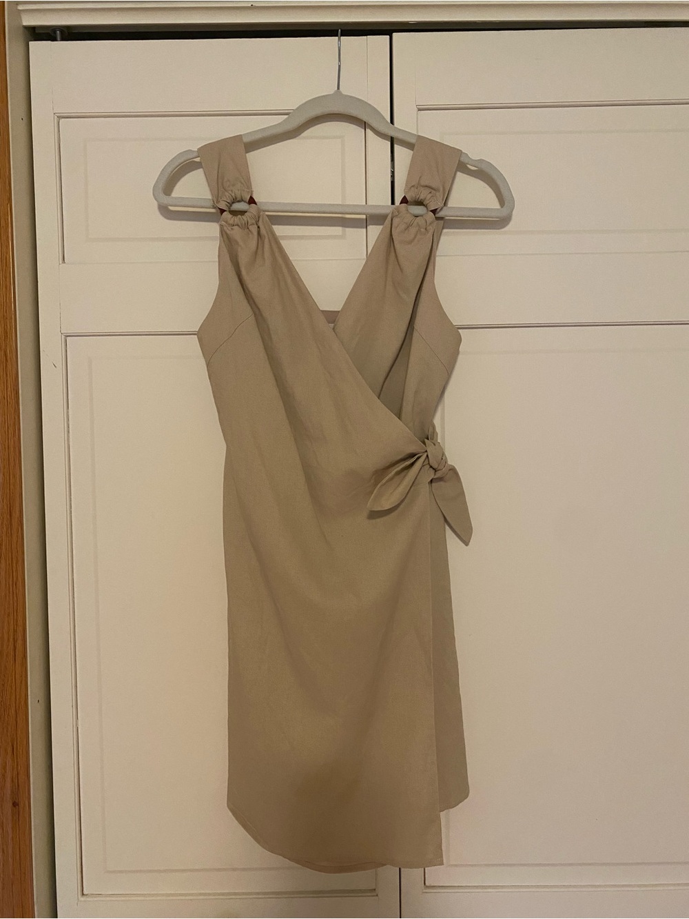 Sleeveless Wrap Dress in Beige with Knot Detail